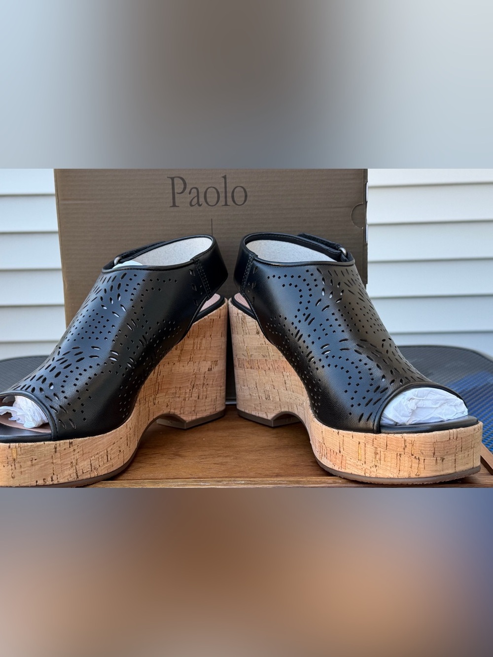 Paolo Black Perforated Leather Cork Wedge Sandals